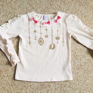 Japan Axes Femme Kids White Top Shirt Pink Bow Gold Ornaments Frilled Girls 8
